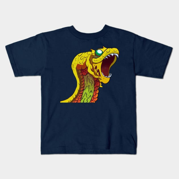 Yellow and red snake head with sharp fangs and sapphire green eye Kids T-Shirt by CutePlanetEarth